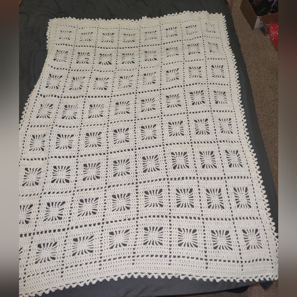 Hand Crocheted Lap Blanket 48x36 White Granny Square Throw Lightweight Handmade
